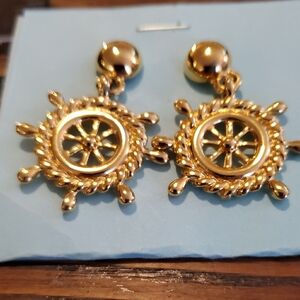 Vintage Anne Klein Gold Nautical Wheel Earrings